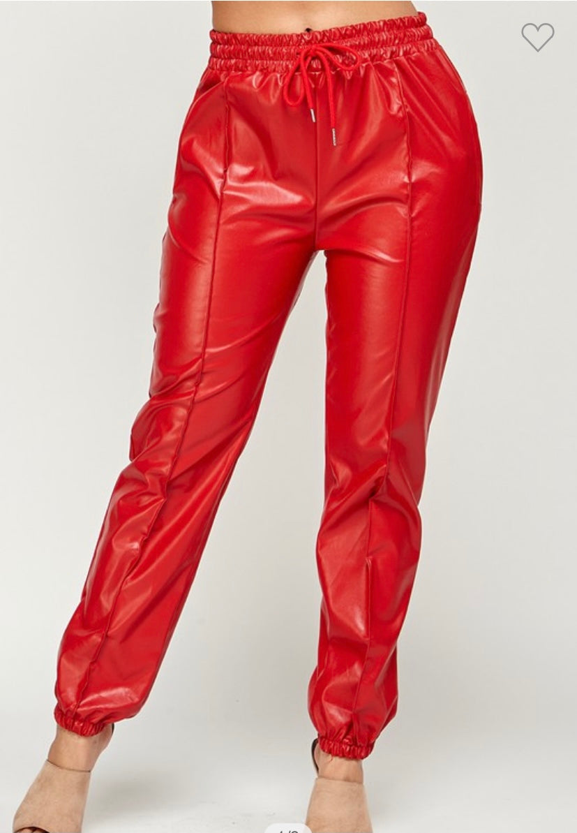 Red leather joggers